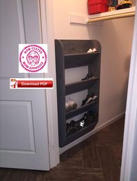 "Save $, DIY Purchase is for a PDF downloadable plan to build a Shoe Storage Rack. The Shoe Storage rack is to be approx. 48\"high x 49\" wide x 6\"deep. The plans are 7 pages (prints on 8 1/2\"x11\" paper) of details for easy and sturdy assembly. Estimated cost of material is $25. price varies from hardware store Experience level-beginner 291"