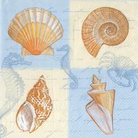 THIS DESIGN (COCKTAIL Size): Color blocked squares of pale blue & cream are the background for blue sea life & script prints with lovely seashells in the foreground on this coastal design. Twenty (20) napkins per package. by IHR. Matching LUNCH napkins are SOLD SEPARATELY BELOW.