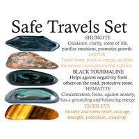 The safe travels crystals set includes 5 of the most powerful safe travels crystals. This set includes: * 5 crystals - shungite, jasper, black tourmaline, hematite and tiger eye * Glossy cardboard with information about the crystals as the title photo of the listing. * Sturdy velvet bag for your stones. * Gift card (optional). * Everything is packed in an elegant box with a ribbon ready to be given as a gift. * Stones size 0,75''- 1'' or 2 - 2,5 cm. * How to use your crystals * You can keep your