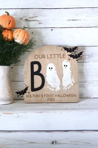 "Are you ready to transform your little one's adorable footprints into hauntingly sweet memories?      This DIY keepsake is more than just a craft project; it's a unique way to commemorate your baby's first Halloween or older children's growth in a personal and creative way. It's designed with love for busy parents and caregivers who want to celebrate this milestone with a touch of spookiness and a lot of love. 🌟DETAILS:🌟 -Made with quality 1/4\" Maple Wood. -Wet paint wipes off surface easily