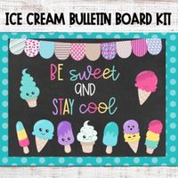 This bulletin board is perfect for your classroom or classroom door to display in May, June, and for the summer. The kit includes a colorful banner with popsicles, ice cream and colorful designs, letters that say "Be Sweet and Stay Cool" to print in color or on colored paper, and cute popsicle and ice cream images to showcase with your board or door. Just print, cut, and go!