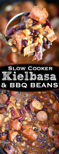 Slow Cooker Kielbasa and Barbecue Beans is the perfect chilly day recipe! Made with three different beans, molasses, bacon, and kielbasa - it's pure comfort food! // Mom On Timeout