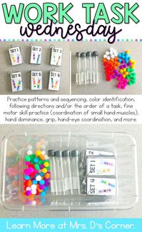 Math Centers for special education. This work task practices patterns and sequencing, color identification, following directions and/or the order of a task, fine motor skills, hand dominance, grip, hand-eye coordination, and more. Learn more at Mrs. D's Corner.