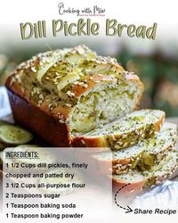 Dill Pickle Bread🍞🥒  Ingredients:  3 1/2 cups all-purpose flour 2 teaspoons sugar 1 teaspoon baking soda 1 teaspoon baking powder 1 teaspoon salt 1 1/2 cups dill pickles, finely chopped and patted dry 1/2 cup dill pickle juice 2 tablespoons unsalted butter, melted 1 cup buttermilk 1 egg 1/4 cup fresh dill, chopped (optional)  Directions:  Preheat your oven to 350°F (175°C). Grease and flour a 9x5-inch loaf pan.  In a large bowl, whisk together the flour, sugar, baking soda, baking powder, and salt.  Add the finely chopped dill pickles to the dry ingredients and toss until the pickles are coated.  In a separate bowl, whisk together the dill pickle juice, melted butter, buttermilk, and egg.  Pour the wet ingredients into the dry ingredients and stir until just combined. Be careful not to o