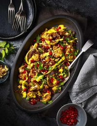 What a way to make cauliflower shine! Roast your florets with ras el hanout, dried cranberries, dates, nuts and pomegranate seeds, then drizzle the whole lot with a tahini and mint dressing