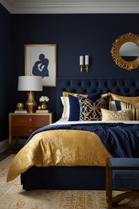 Add the perfect finishing touches to your bedroom with navy blue and gold accessories! Think luxurious throw pillows, golden lamps, and deep blue curtains for a cohesive, stylish décor. Get inspired by this elegant mix of colors for an upgraded bedroom look. #DecorAccessories #NavyGoldDecor #BedroomStyling 💛