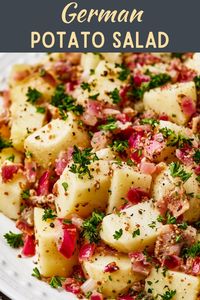 German Potato Salad is a little tangy, a little sweet, and sprinkled with plenty of bacon bits – perfect for a festive family meal.