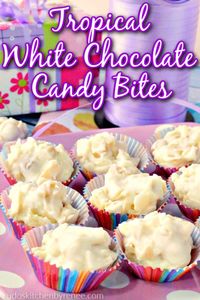 Easy homemade Tropical White Chocolate Candy is the perfect thing to make and gift to someone who loves a sweet little treat from time to time. #homemadecandy #whitechocolatecandy #pineapple #coconut #whitechocolate #nobakedessert #candy #easycandyrecipe #macadamianuts #luaurecipe #hawaiianpartyfood #kudoskitchenrecipes