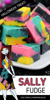 It's the Nightmare Before Christmas so what better time to make a batch of Sally Skellington Fudge! With swirls of pink, teal, black, and yellow to resemble Sally's iconic dress, this vanilla white chocolate fudge is a Halloween delight!