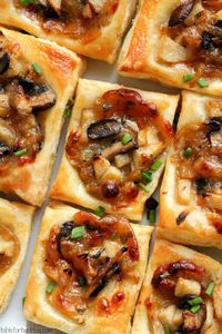 Caramelized onion, mushroom, apple and gruyere puff pastry appetizers are the perfect bite. Make them for a party and watch them disappear!