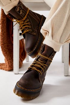 Dr. Martens Jadon Archive Boots | Free People Dr Martin Platform Boots, Cool Doc Martens, Platform Brown Boots, Outfits With Leather Boots, Boots With Slacks, Brown Dr Martens Outfit, Casual Fall Shoes, Brown Combat Boots Outfit, Brown Docs