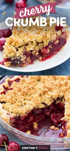 a cherry crumble pie is cut into slices