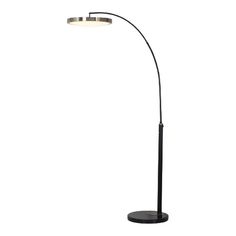 a black floor lamp with two lights on each side and one light on the other