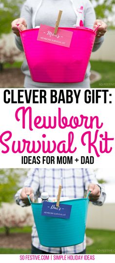 a woman holding a pink and blue basket with the text clever baby gift newborn survival kit ideas