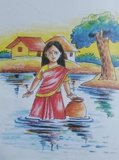 a drawing of a woman standing in the water with a jug and tree behind her