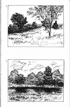 two black and white drawings of trees near water