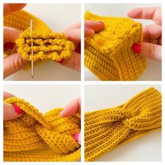 four pictures showing how to crochet the bow