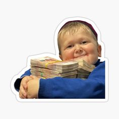 a young boy with stacks of money sticking his tongue out sticker on a white background