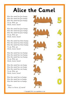 an image of a book page with numbers and animals on it, including the words alice the camel