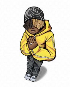 a drawing of a person wearing a yellow jacket and black hat with his hands folded in prayer