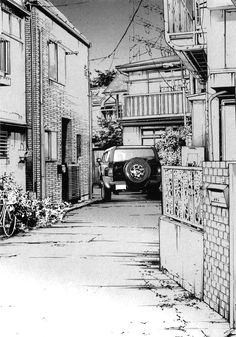 a black and white drawing of a car parked in an alley