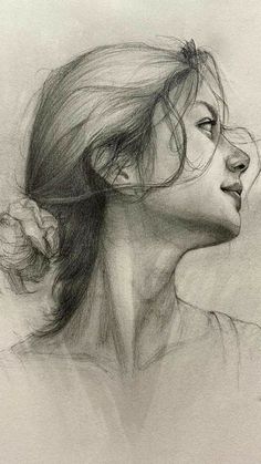 a pencil drawing of a woman's face with her hair blowing in the wind