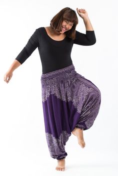 Plus Size Floral Mandalas Drop Crotch Women's Harem Pants in Purple Bowknot Blouse, Lantern Sleeves, Christmas List