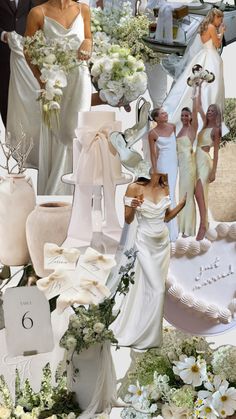 a collage of brides and grooms with flowers in vases on the ground