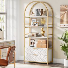 a white and gold bookcase in an office