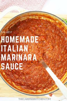 the best homemade italian marinara sauce in a large pot with a spatula on top