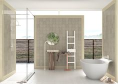 a white bath tub sitting inside of a bathroom next to a walk in shower stall