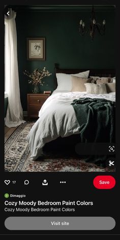 an image of a bedroom with dark green walls