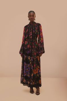 Black Floral Scarves High Neck Maxi Dress Floral Scarves, Brazilian Clothes, Bright Outfit, High Neck Maxi Dress, Tiered Maxi Skirt, Printed Dresses, Women Long Sleeve Dress, Floral Scarf, Fabric Belt