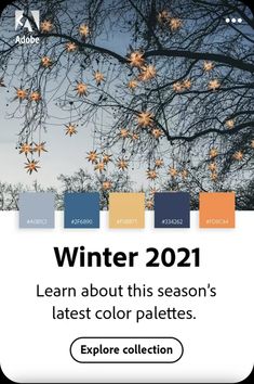 a poster with the words hiver 2020 written in french and english, on top of a tree