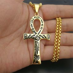 Material: Gold Plated Stainless Steel Necklace Type: Pendant Necklaces Chain Type: Box Chain Shape\pattern: Ankh Cross Pendant Size: 75mm * 33mm Chain Length: 50cm 55cm 63cm 68cm Starověký Egypt, Egypt Jewelry, Egyptian Ankh, Ankh Necklace, Ankh Cross, Necklace Chain Types, Stainless Steel Cross Pendant, Necklaces Chain, Picture Necklace