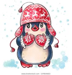 a cartoon penguin wearing a red hat and scarf with snowflakes on it's chest