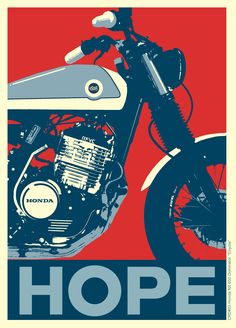 a red, white and blue motorcycle with the words hope on it