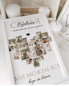 a wedding program is displayed on a table with white candles and flowers in the background