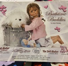 the doll maker's kit includes a white dog in a basket with hearts on it