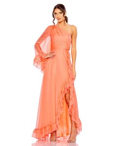 One Sleeve Ruffled Hem Gown Asymmetrical Prom Dress, Vestidos Color Coral, Ruffled Gown, Colorful Dresses Formal, Plus Size Cocktail Dresses, Plus Size Party Dresses, Formal Dresses With Sleeves, Light Coral, Hem Design