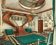 this is a drawing of a living room with deer heads on the wall and checkered floor