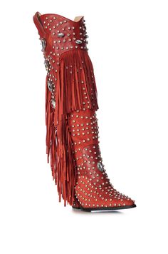 TADAO-RED CRYSTAL FRINGED WESTERN BOOT | AZALEA WANG Western Rhinestone Fringe Boots For Fall, Western Boots With Rhinestone Fringe For Fall, Western Party Boots With Fringe, Embellished Festival Boots For Fall, Shoes Boots Combat, Red Cowgirl Boots, White Cowgirl Boots, Western Glam, Bota Country