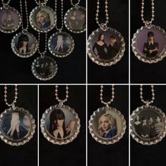 six different pictures of women hanging from necklaces