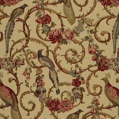 a wallpaper with birds and flowers is shown in red, yellow, green, and beige colors