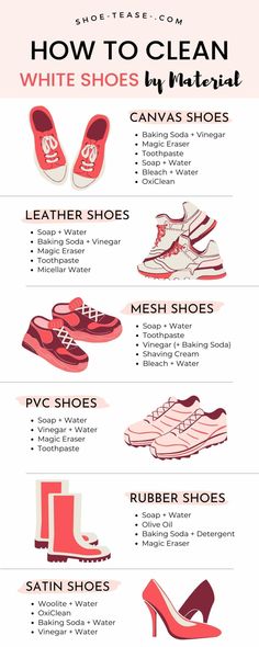 an info sheet describing how to clean white shoes in different colors and sizes, including pinks