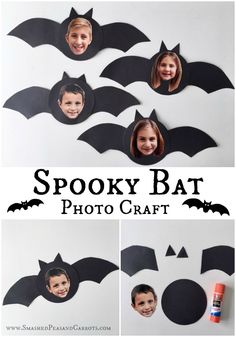 the halloween photo craft is made with paper bats and cut outs to make it look like they