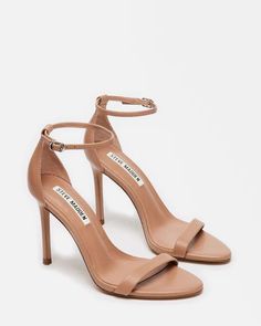 TECY Tan Leather Ankle Strap Heel | Women's Heels – Steve Madden Elegant Shoes Heels Classy, Nude Heels Wedding, Stiletto Sandals Ankle Straps, Elegant Shoes Heels, Trendy Block Heels, Gold Strappy Heels, Nude Strappy Heels, Strappy High Heels Sandals, Nude High Heels