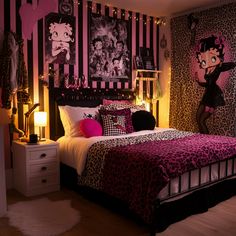 a bedroom decorated in pink and black with an animal print wallpaper, bedding, nightstands, and lamps