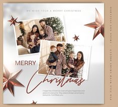 a merry christmas card with two photos and stars on the bottom, in front of a beige background