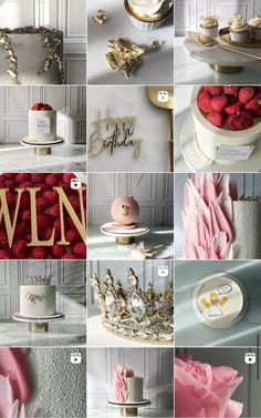 a collage of photos with cakes, cupcakes, and other items on them